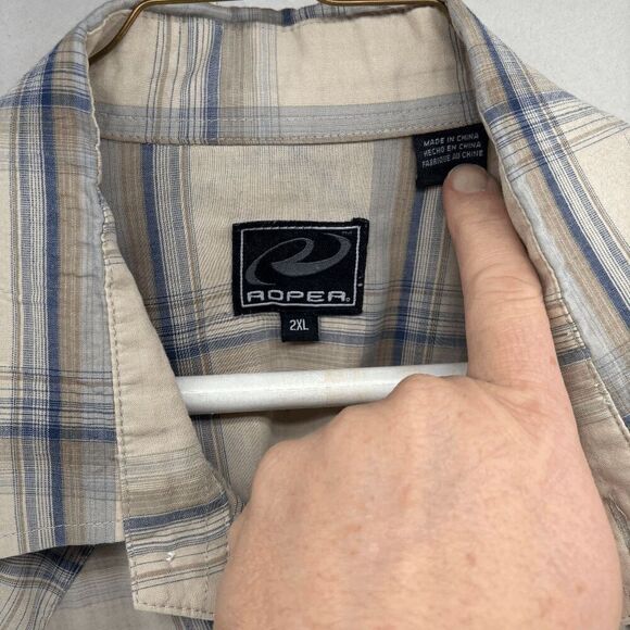 Vintage 90s Y2K Roper Pearl Snap Taupe Blue Striped Long Sleeve 2XL Shirt City - Picture 4 of 7